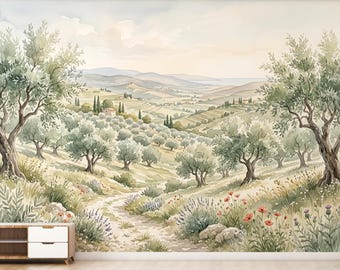 Tuscan Landscape Wallpaper, Watercolor Olive Grove Wall Mural, Italian Countryside Wallpaper, Mediterranean Wall Decor, Peel Stick 1201RS