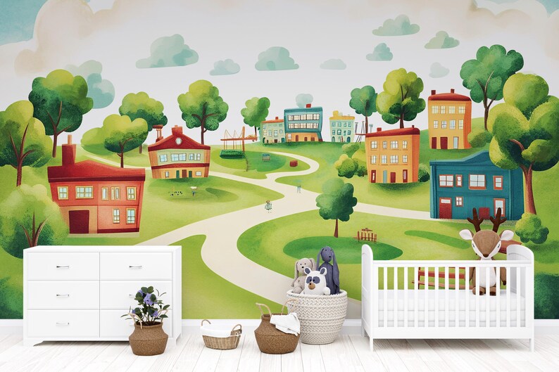 Whimsical Village Wall Mural for Kids – Peel and Stick Wallpaper for ...