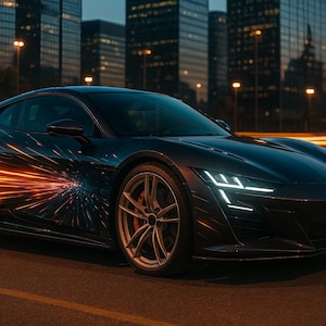 Può includere: Un'elegante auto sportiva blu scuro con strisce arancioni e bianche brillanti sul lato, parcheggiata su una strada al tramonto. L'auto ha un profilo basso, cerchi argentati e fari bianchi luminosi. Le luci della città sono visibili sullo sfondo.