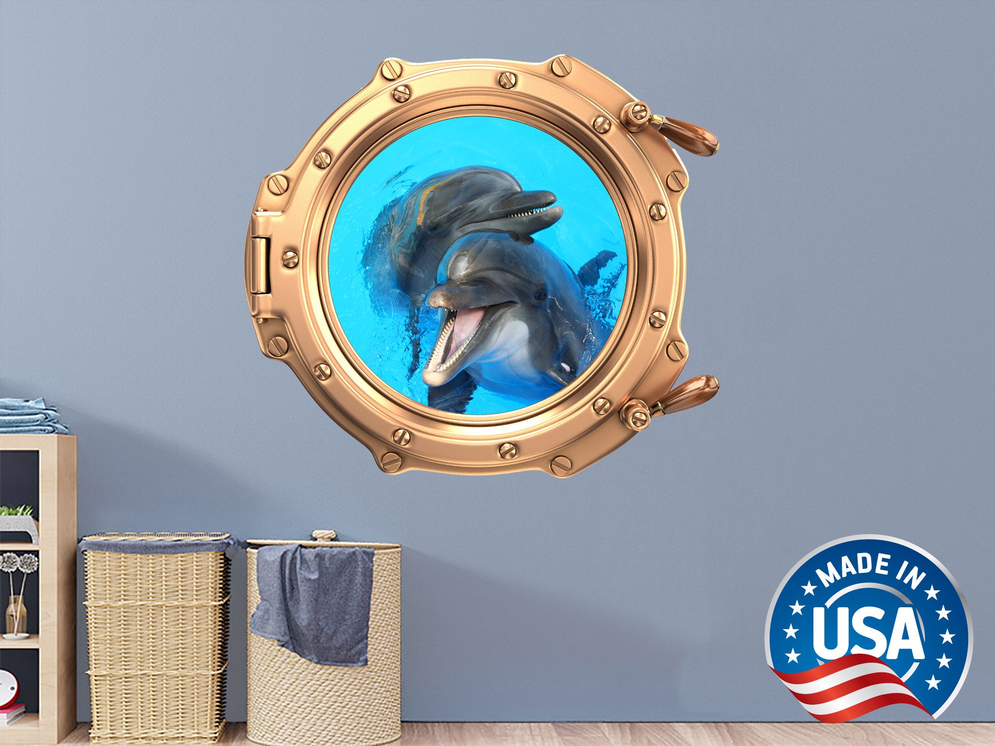 DOLPHIN SEA PORTHOLE Full Colour Wall Sticker Decal Transfer Mural Bathroom Suit DOLPHIN SEA PORTHOLE Full Colour Wall Sticker Decal Transfer Mural Bathroom Suit