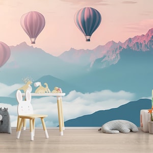 Hot Air Balloon Wall Mural – Pink & Blue Mountain Cloud Nursery Wallpaper – Baby Room Decor, Peel and Stick or Non-Woven