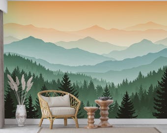 Mountain Wallpaper Peel and Stick Mountain Watercolor Wallpaper Mountain Wall Art Pine Tree Nature Wallpaper Blue Mountain Mural 702RS