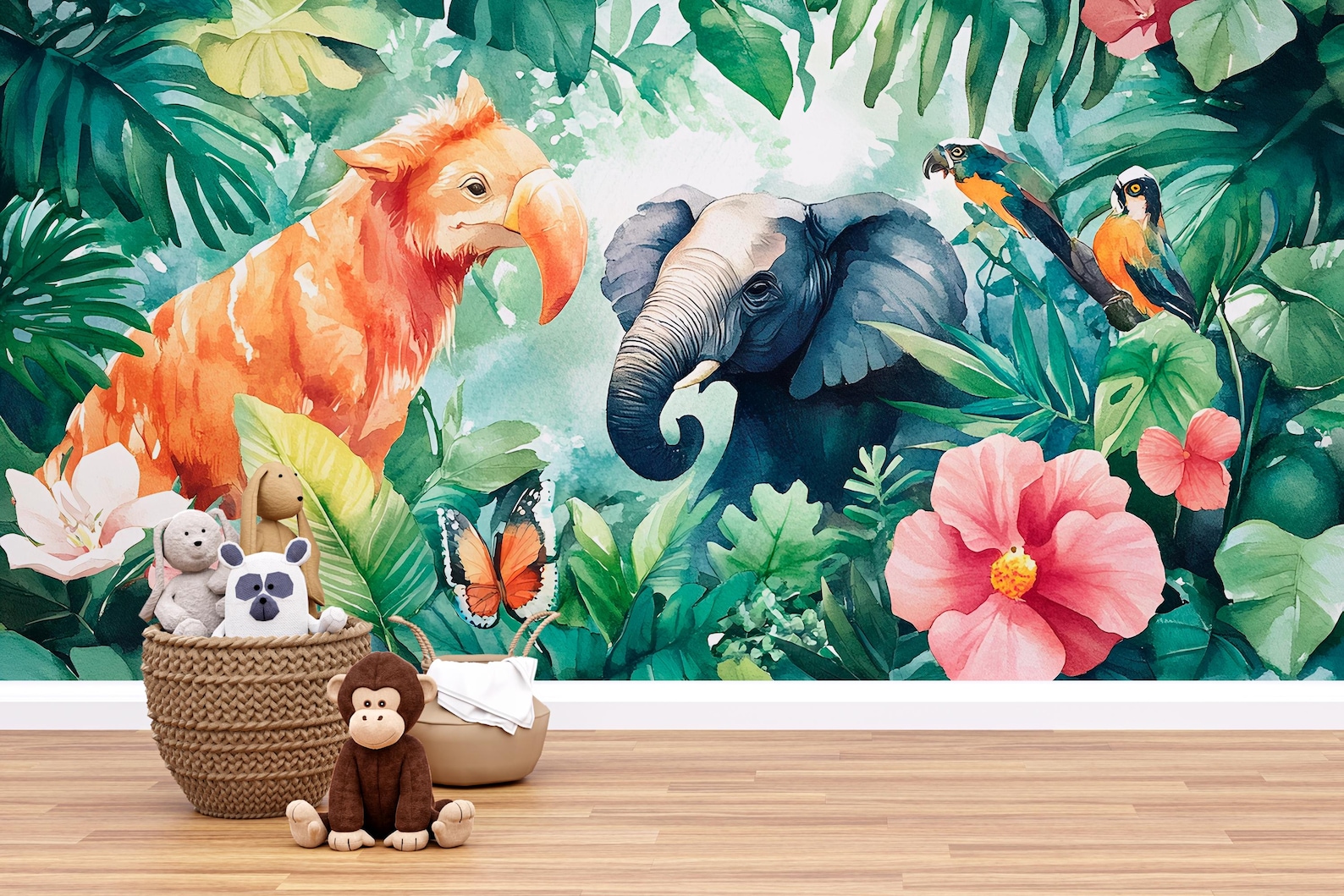 Jungle Safari Kids Wall Mural – Peel and Stick Elephant & Parrot ...