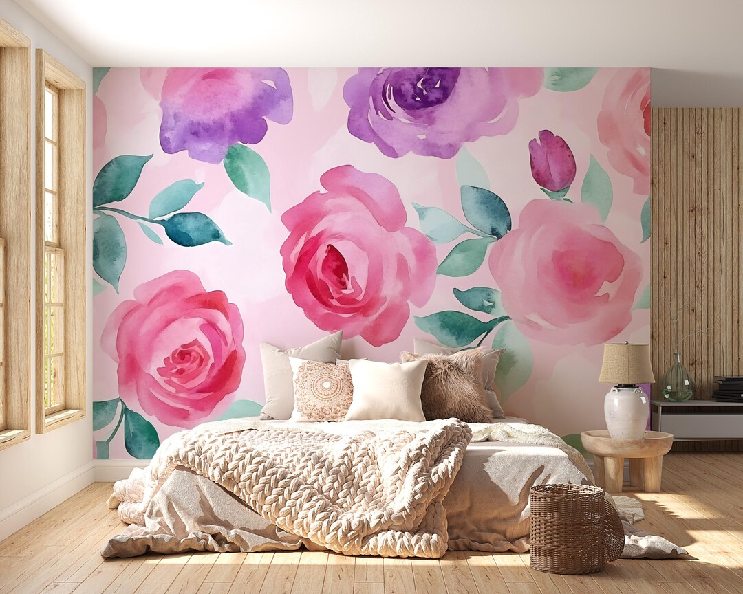 Watercolor Rose Wall Mural – Pink and Purple Floral Wallpaper – Girl’s ...