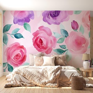 Watercolor Rose Wall Mural – Pink and Purple Floral Wallpaper – Girl’s Bedroom Wall Art – Peel and Stick or Non-Woven