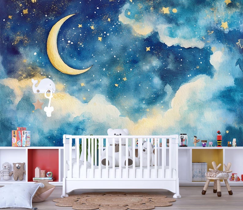 Moon and Stars Nursery Wallpaper – Celestial Sky Wall Mural With Golden ...