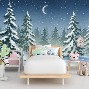 Serene Snowy Forest Wall Mural – Watercolor Winter Night with Crescent Moon & Stars – Peaceful Woodland Nursery or Bedroom Wallpaper  812RS