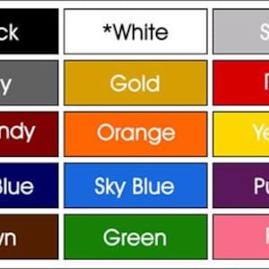 May include: A color chart with 15 different colors, including black, white, silver, gray, gold, red, burgundy, orange, yellow, dark blue, sky blue, purple, brown, green, and pink.