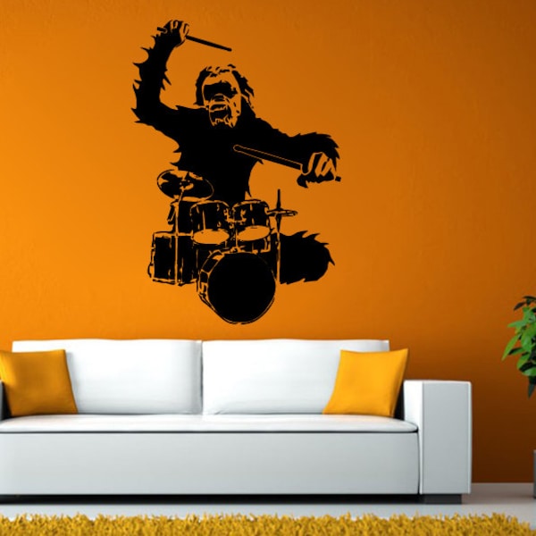 Monkey Playing Drums Gorilla Music Instrument Wall or Window Sticker Decal Vinyl Fathead Mural Decor L1963