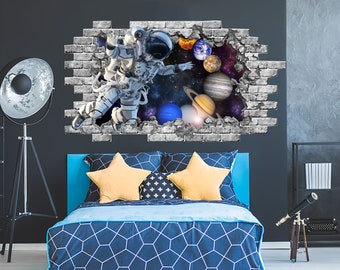 Buraco espacial nos decalques. Murais de adesivos de vinil de planetas. Decalque de parede cosmonauta. Decalques removíveis da janela espacial. Decoração de quarto espaço galáxia NT13
