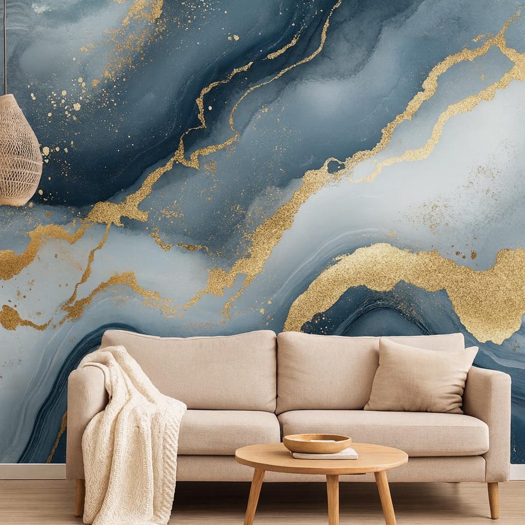 Blue Gold Marble Wallpaper – Luxury Abstract Wall Mural Stylish 3D ...