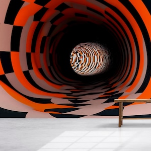 May include: An abstract 3D wall mural featuring a tunnel design with orange, black, and white geometric patterns. The artwork creates an optical illusion of depth. A wooden bench with a vase and decorative spheres is in the foreground.