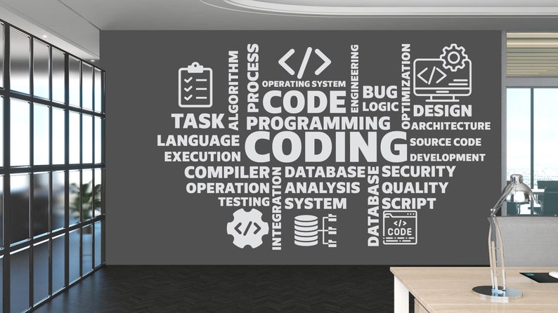 May include: A gray wall with white text outlining the process of coding. The words include: process, algorithm, code, programming, coding, database, security, quality, script, and more.