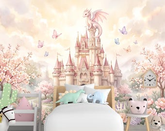 Castle Wall Mural, Fairy Tale Kingdom Wallpaper, Watercolor Waterfall Landscape, Magic Mountain Nursery Art, Dragon Peel and Stick Mural