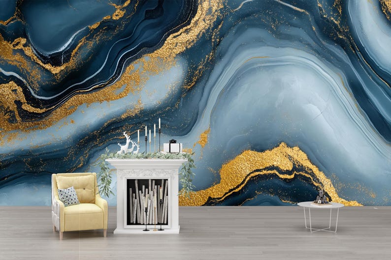 Blue Gold Marble Wallpaper – Luxury Abstract Swirl Wall Mural Modern 3D ...