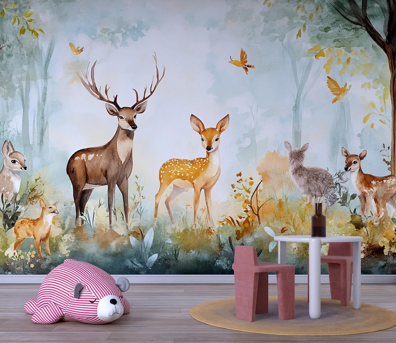 Deer Forest Wallpaper Mural for Kids Room – Woodland Animal Peel and ...