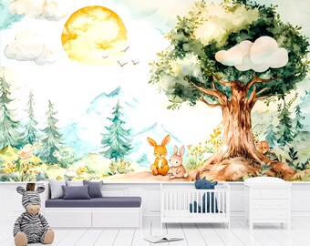 Watercolor wallpaper, cute forest scene with trees and rabbits under the sun, perfect for a kids' room wallpaper mural vn001