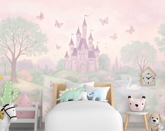 Princess Castle Pastel Wall Graphics Peel and Stick Girl room Wallpaper Nursery Self Adhesive Butterfly nursery wall decor Mural 1203RS