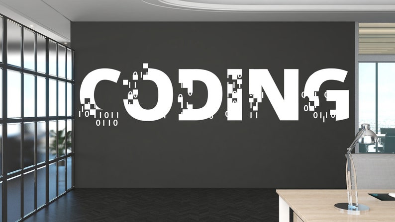 May include: A white wall with the word "CODING" written in large, white letters. The letters are broken up into pixelated blocks, giving the word a digital, glitchy look.