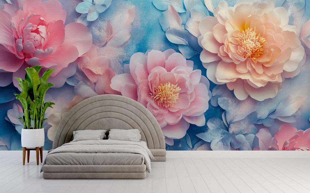 3D Peony Wall Mural – Pink Peach Floral Wallpaper With Blue Background ...