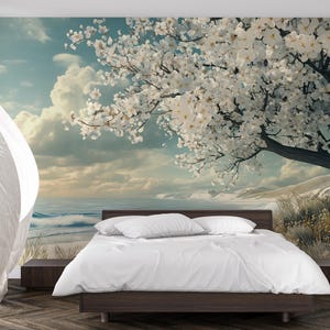 3D Cherry Blossom Ocean Bedroom Mural - Tranquil Nature Wall Art - Modern Bedroom Decor for Relaxation - Stylish Gift for Birthdays