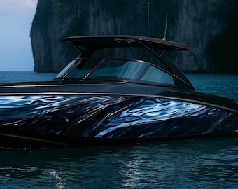 Vinilo náutico Midnight Liquid Metal – Negro cromado brillante / Vinilo para yates de lujo y embarcaciones deportivas / Diseño reflectante de olas metálicas