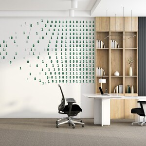 Puede incluir: Interior de oficina moderno con un escritorio blanco, dos sillas de oficina negras y una estanter&iacute;a de madera. Una pared presenta un dise&ntilde;o de c&oacute;digo binario en verde. Un port&aacute;til est&aacute; en el escritorio.