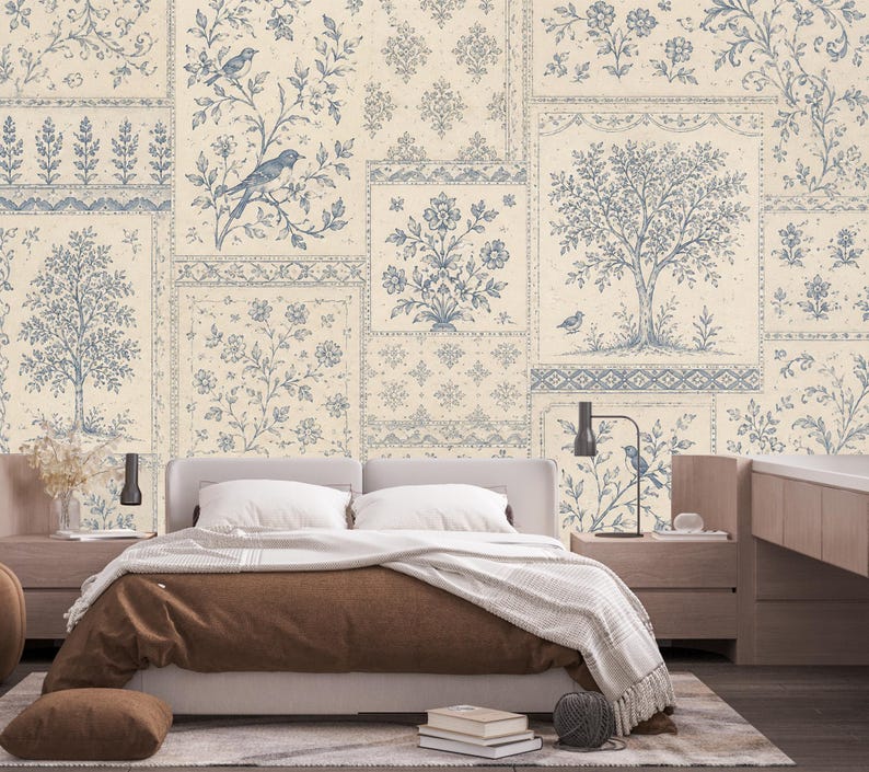 Vintage Blue Floral Wallpaper, Toile Botanical Wall Mural, Cottagecore ...