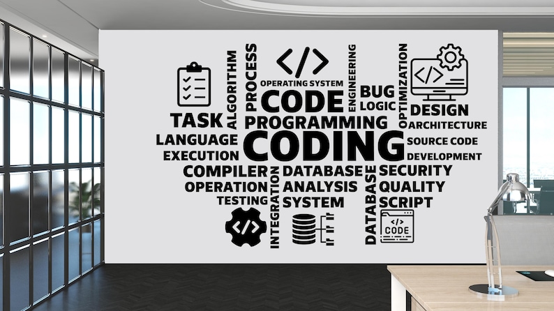 Coding Word Cloud Vinyl Wall Decal, Technology Office Decor image 1