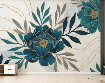 Papel pintado de peonías: mural floral abstracto con recortes acrílicos, hojas en azul metálico y verde azulado, fondo blanco con líneas doradas 741RS