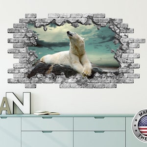 Polar Bear Hole in the Decals. White Bear Vinyl Sticker Murals. Bear Animals Window Removable Decals. Polar Bear Above Bed Room Decor NT82