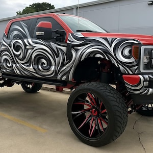 Black Silver Swirl Truck Wrap – Custom Vinyl Full-Body Wrap for Lifted Pickup – Red Accents – Artistic Spiral Design – Bold Gift for Truck