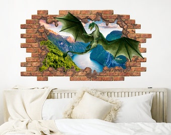 3D Dragon Hole in the Decals. Flying Dragon Vinyl Sticker Murals. Dragon Wall Decor. Dragon Animals Bedroom Decoration. Peel and Stick NT9