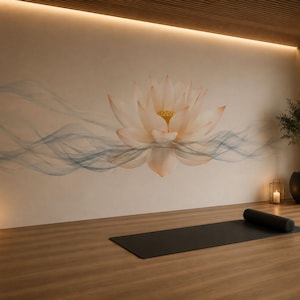 May include: A serene yoga studio with a large lotus flower mural on the wall. A black yoga mat and rolled bolster are on the wooden floor. A potted plant and candles add to the calming atmosphere.