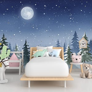Moonlit Winter Forest Wall Mural – Watercolor Snowy Evergreen Night Scene with Stars – Enchanted Wall Art for Nursery or Bedroom  811RS