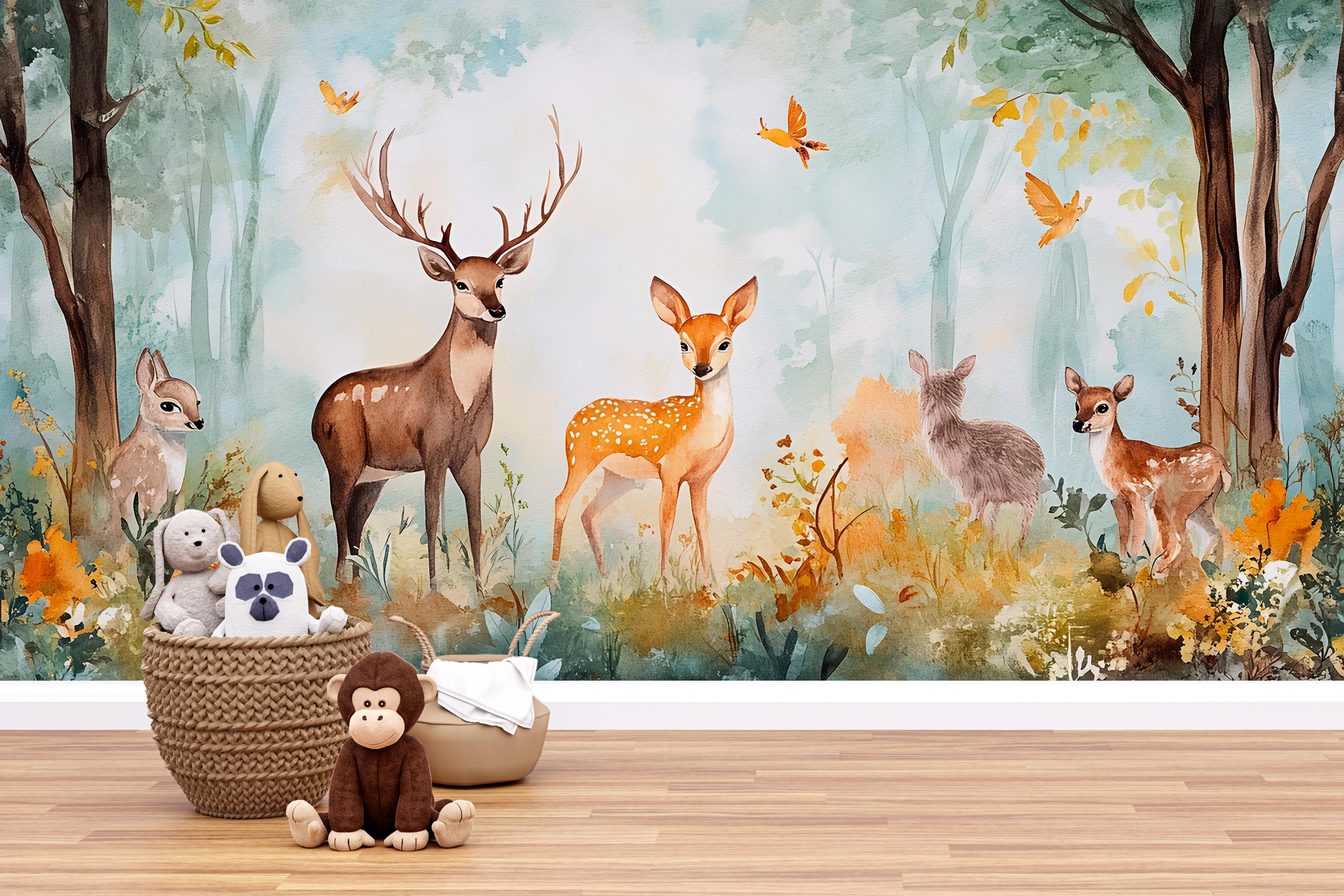 Deer Forest Wallpaper Mural for Kids Room – Woodland Animal Peel and ...