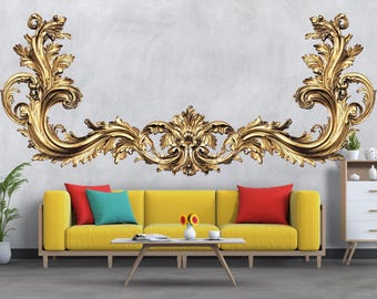 Golden Baroque Wall Decal, Ornate Gold Scroll Sticker, Luxury Wall Mural, Elegant Accent Wall Decor, Classical Home Decor