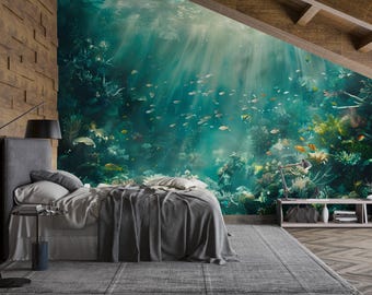 May include: A bedroom with a large mural depicting an underwater scene with colorful fish and coral. The bed has gray bedding, and a modern floor lamp stands beside it. The room has a wooden accent wall and a gray rug.