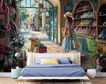 Fancy Shopping Wallpaper, Fasion Wallpaper, Fashion Decal, Fashion Sticker, Girly Fashion Wallpaper, French Style Wallpaper Wall Art vn061