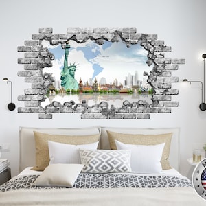 3D Weltkarte Loch in den Abziehbildern. Reise-Vinyl-Aufkleber. Freiheitsstatue abnehmbare Wandbilder. Schälen und Kleben. Karte Über Bett Zimmer Dekor NT100