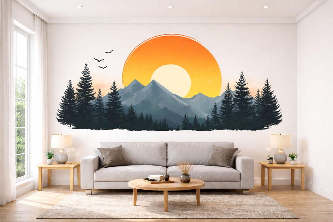 Mountain Sunset Wallpaper Forest Wall Decal Nature Wall Mural Peel and ...