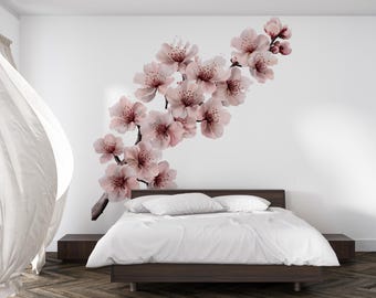 Väggdekor med körsbärsblommor • Väggkonst med sakurablommor • Stort klistermärke med blommor för sovrummet • Fototapet med japanska blommor • Väggdekor med skal och klistra in blommor