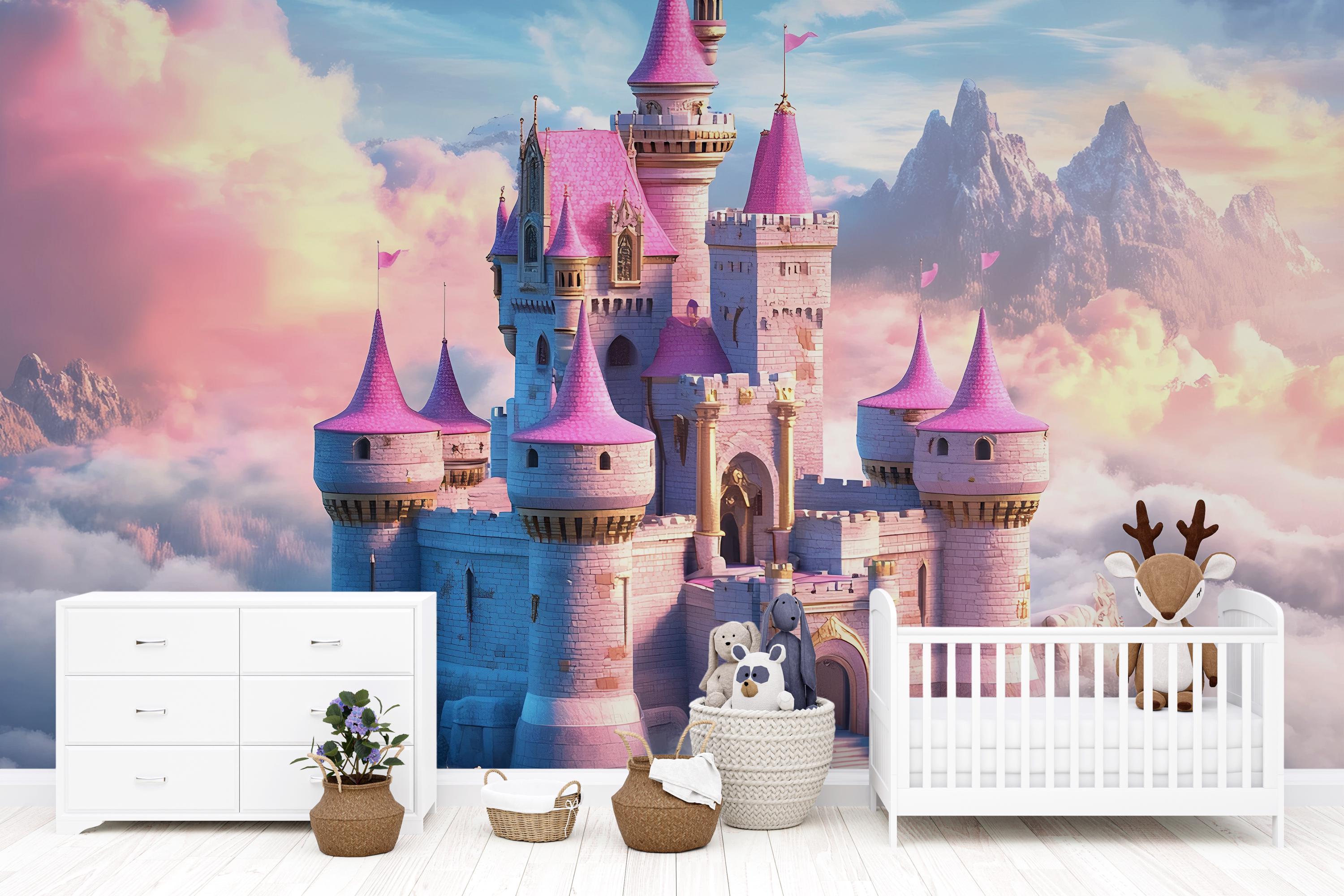 Pink Castle Wall Mural – Fantasy Clouds Wallpaper for Girls Room or ...