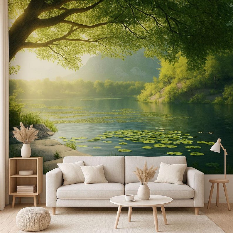 Lily Pond Wallpaper Mural | 3D Nature Lake Wall Art With Water Lilies ...