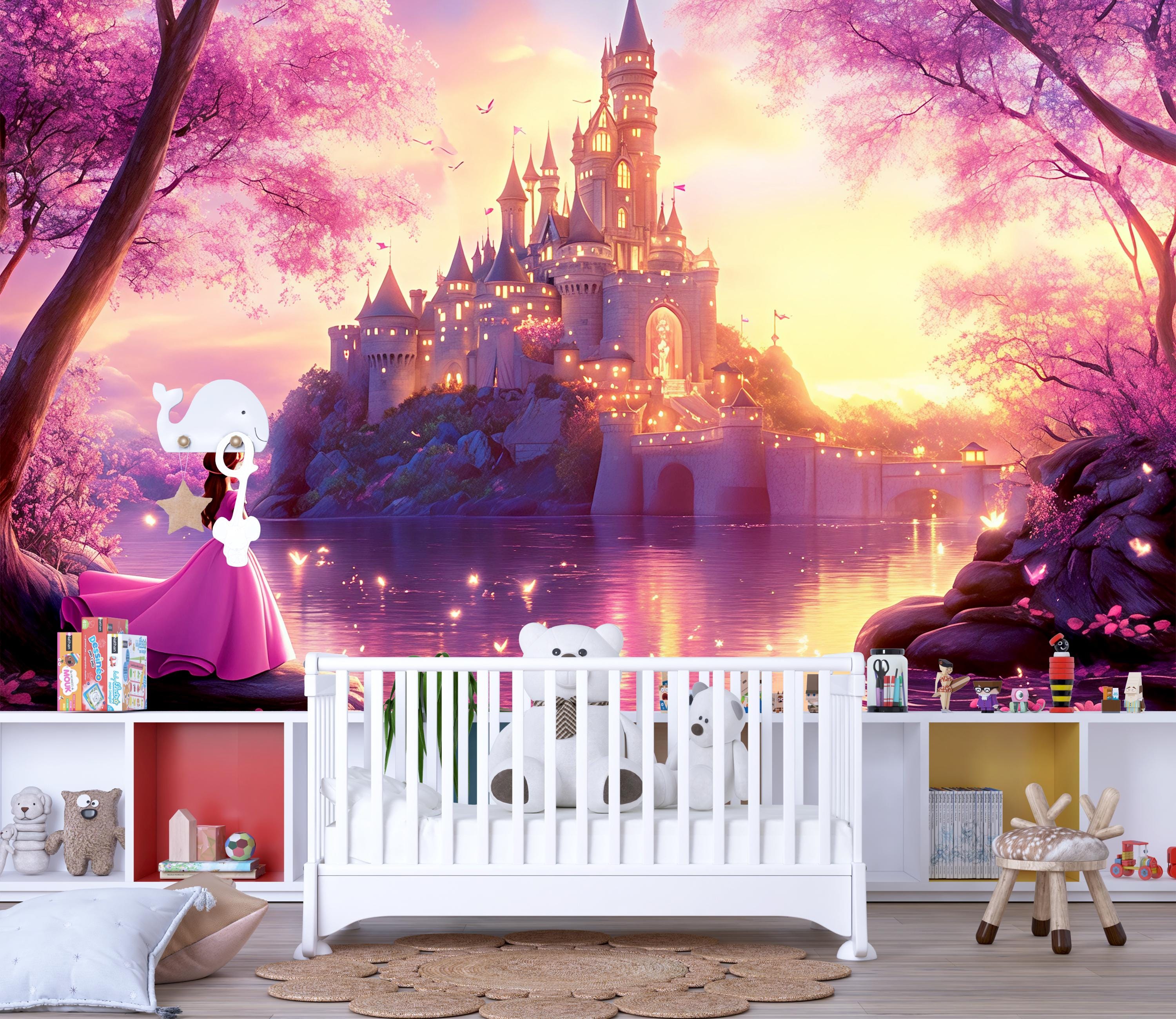 Fairytale Castle Wall Mural – Sunset Princess Wallpaper for Girls Room ...
