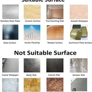 Puede incluir: Un gr&aacute;fico que muestra las superficies adecuadas y no adecuadas para aplicar adhesivo. Las superficies adecuadas incluyen acero inoxidable, cer&aacute;mica, paredes pintadas lisas, papel tapiz liso, vidrio, paneles acr&iacute;licos y madera. Las superficies no adecuadas incluyen papel tapiz grueso, paredes con moho, paredes desiguales, paredes sucias, superficies de ceniza, paredes aceitosas, paredes de ladrillo y paredes agrietadas.