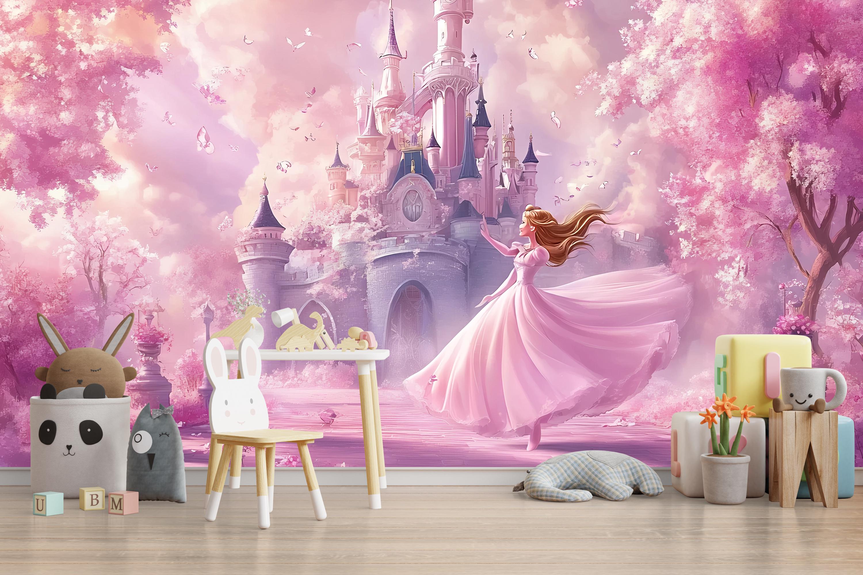 Fairytale Princess Castle Wall Mural – Soft Pink Nursery Wallpaper ...