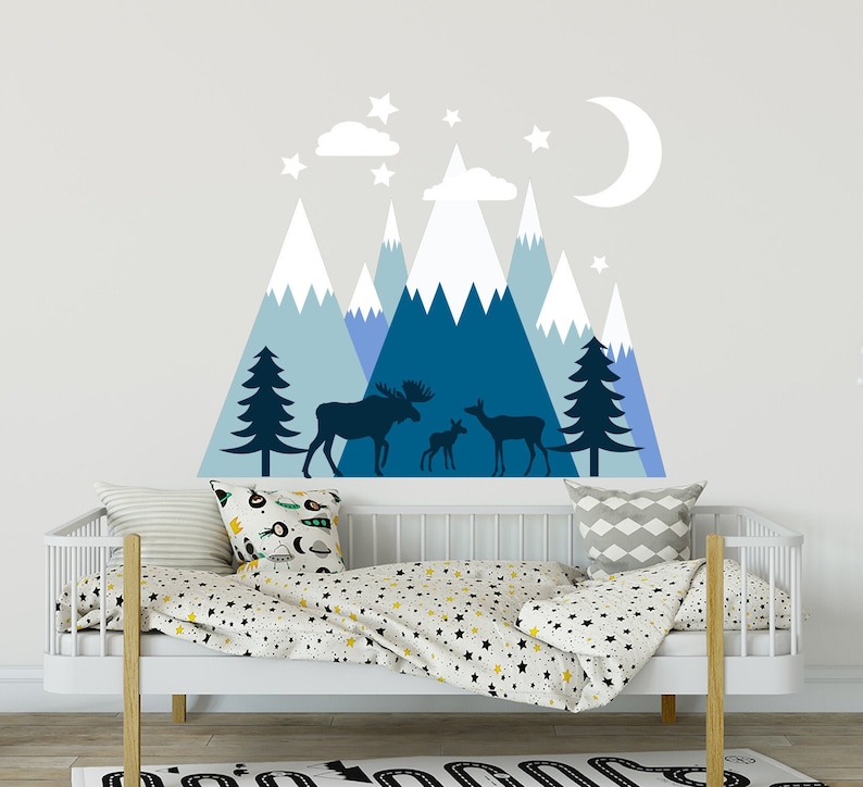 Woodland Decal Moose Family Wall Decal Kids Moon and Stars Wall Decor Blue Mountain Wall Decal Boy Room Pine Tree Forest Wall Mural
