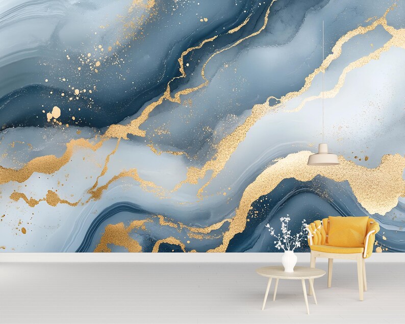 Blue Gold Marble Wallpaper – Luxury Abstract Wall Mural Stylish 3D ...