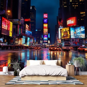 Times Square Cityscape Wallpaper 3D Night Lights Wall Mural Modern New York City Skyline Peel And Stick Bold Room Decor Stylish Gift